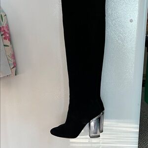 Elegant Black suede thigh-high Boots with Lucite Heel